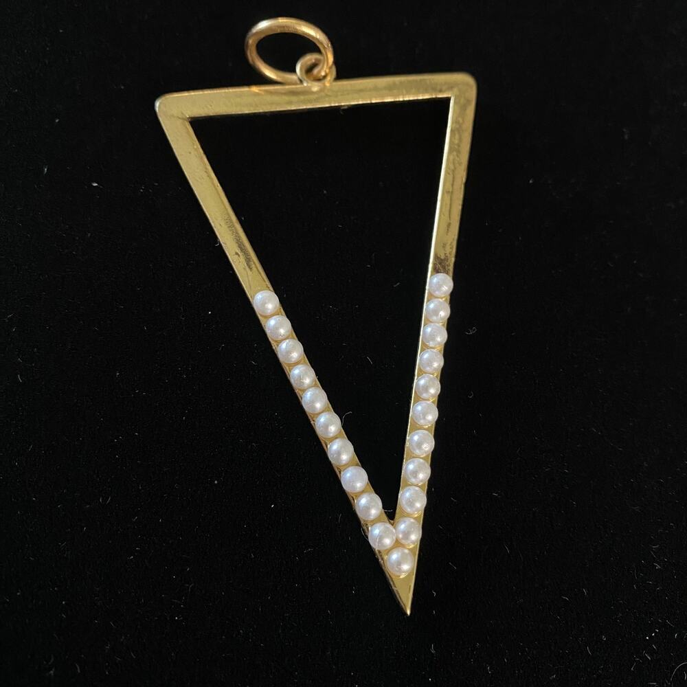 Gold Tone Open Triangle Pendant Charm Faux Pearl Beaded Geometric Minimalist 3"